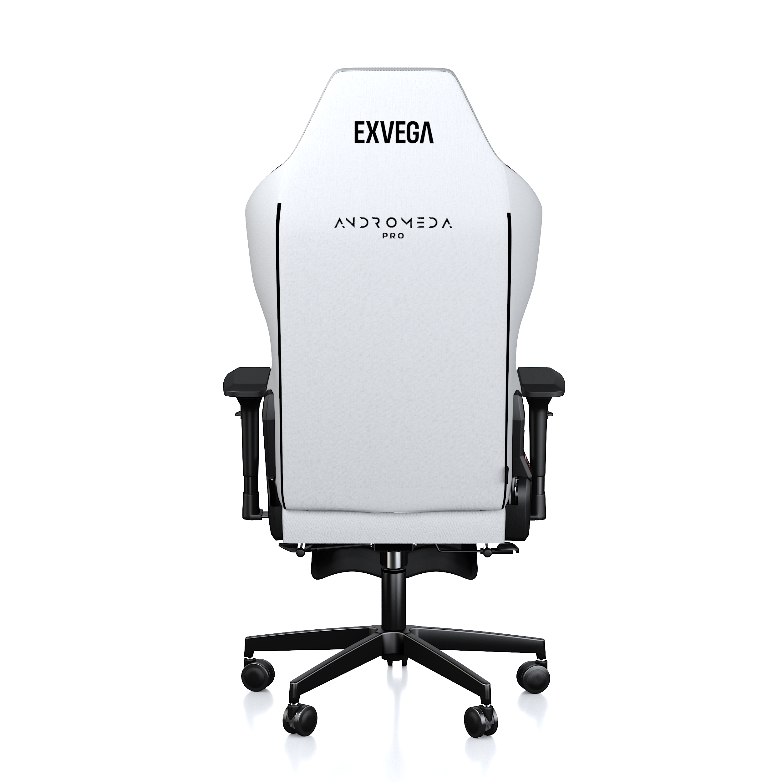 Siyah metal ayaklı ve tekerlekli beyaz EXVEGA Andromeda Pro oyuncu koltuğunun arkadan görünümü.