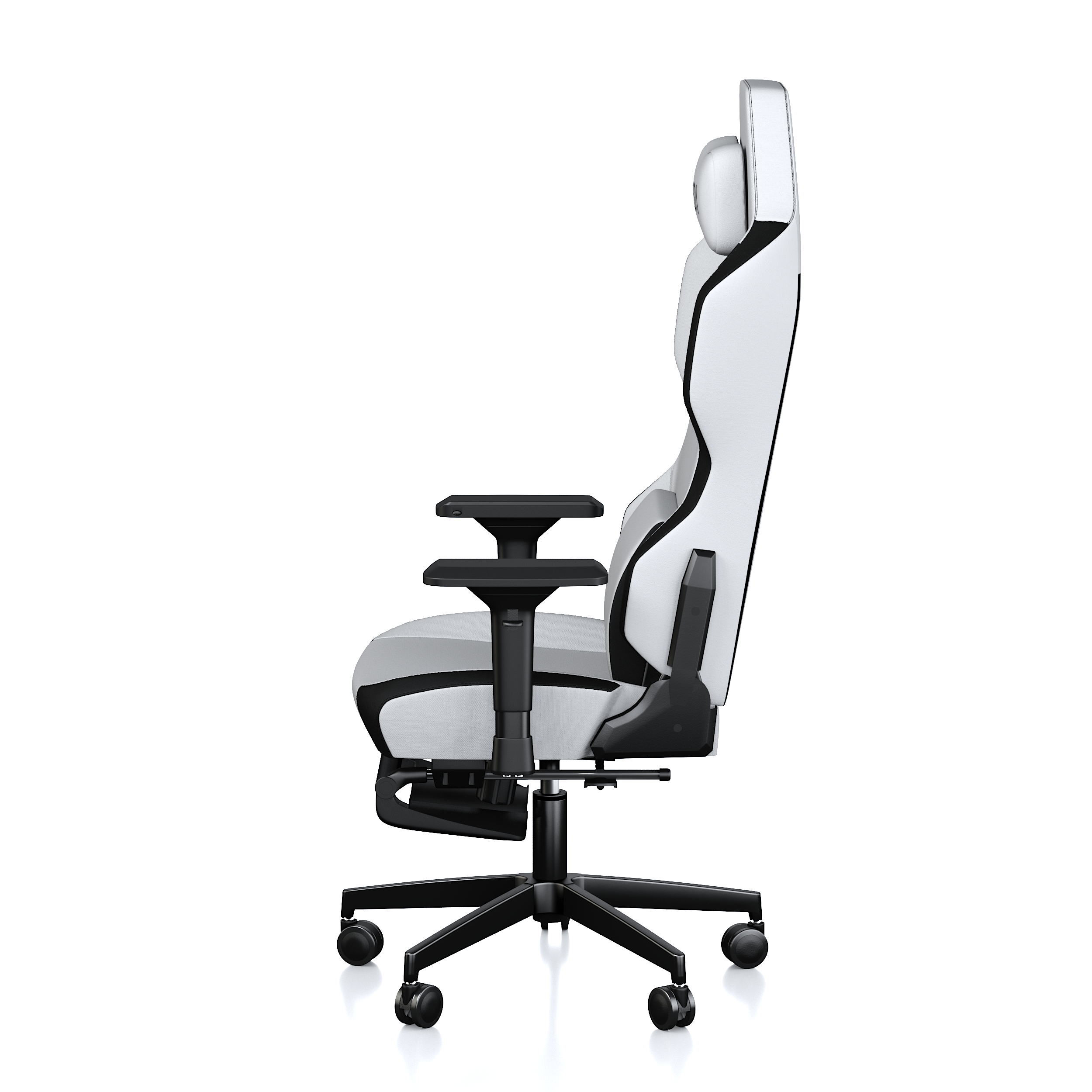 Tekerlekli, modern ve ergonomik beyaz-siyah oyuncu koltuğunun yan görünümü.