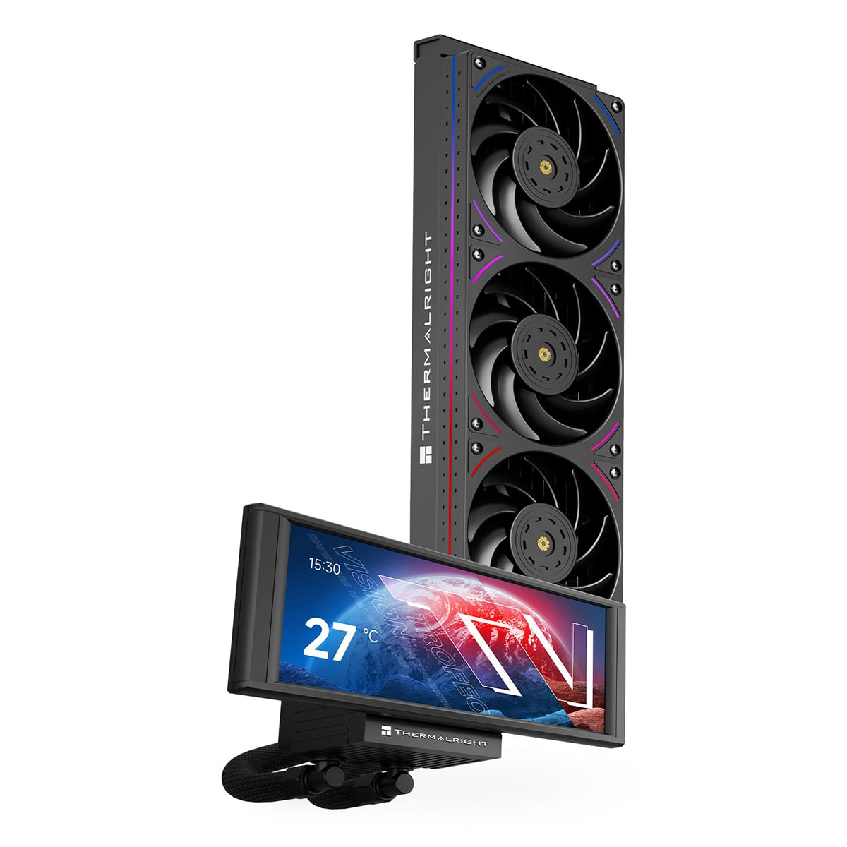Üç fanlı ve sıcaklık gösteren bağlı bir LCD ekranlı siyah Thermalright sıvı CPU soğutucusu.