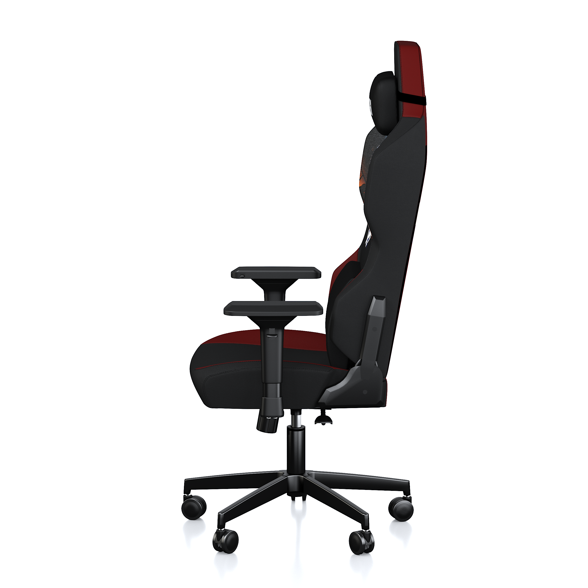 Tekerlekli, siyah ve kırmızı renkli, ergonomik bir oyuncu koltuğunun yandan görünümü.