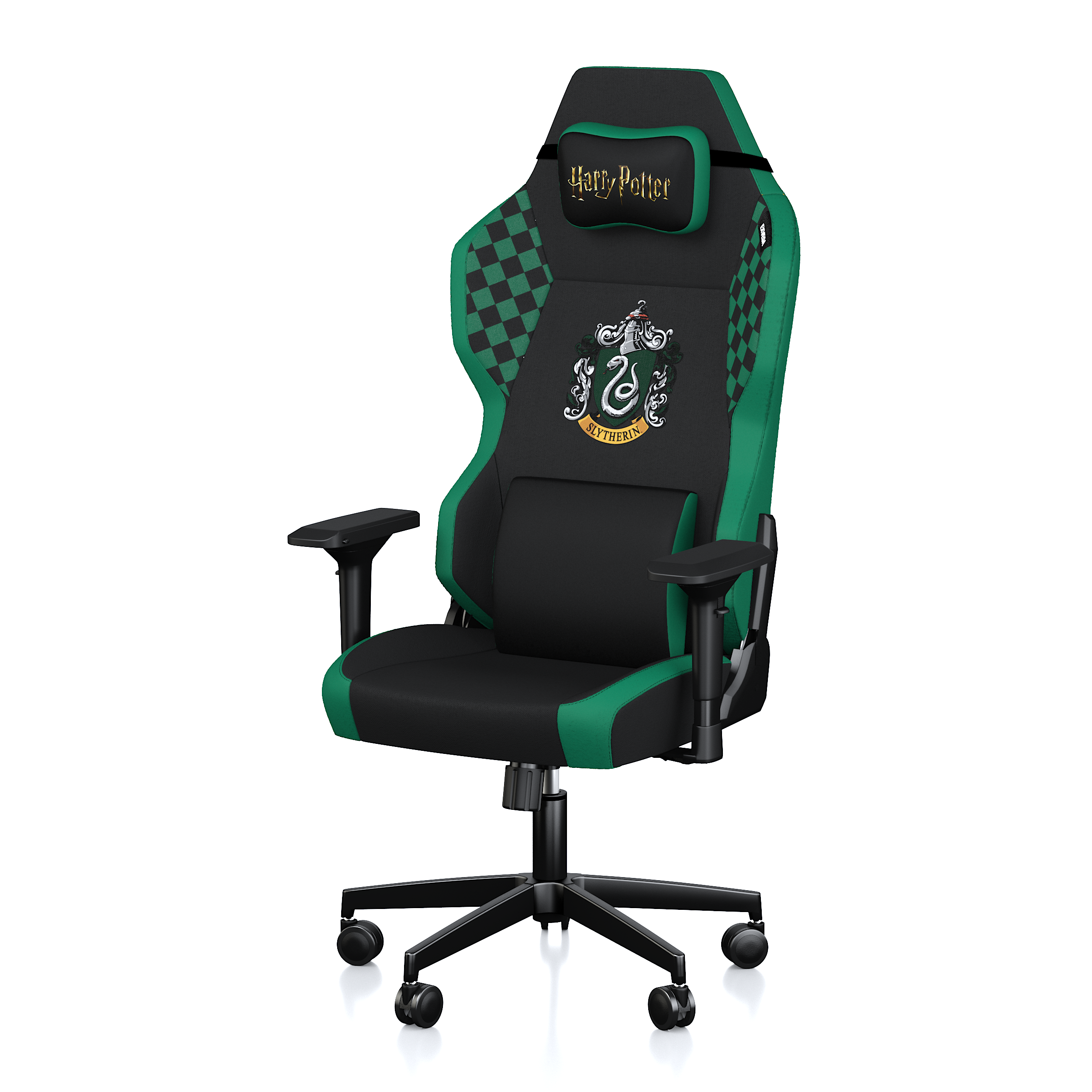 Tekerlekli ve armalı, yeşil-siyah Harry Potter Slytherin oyuncu koltuğu.