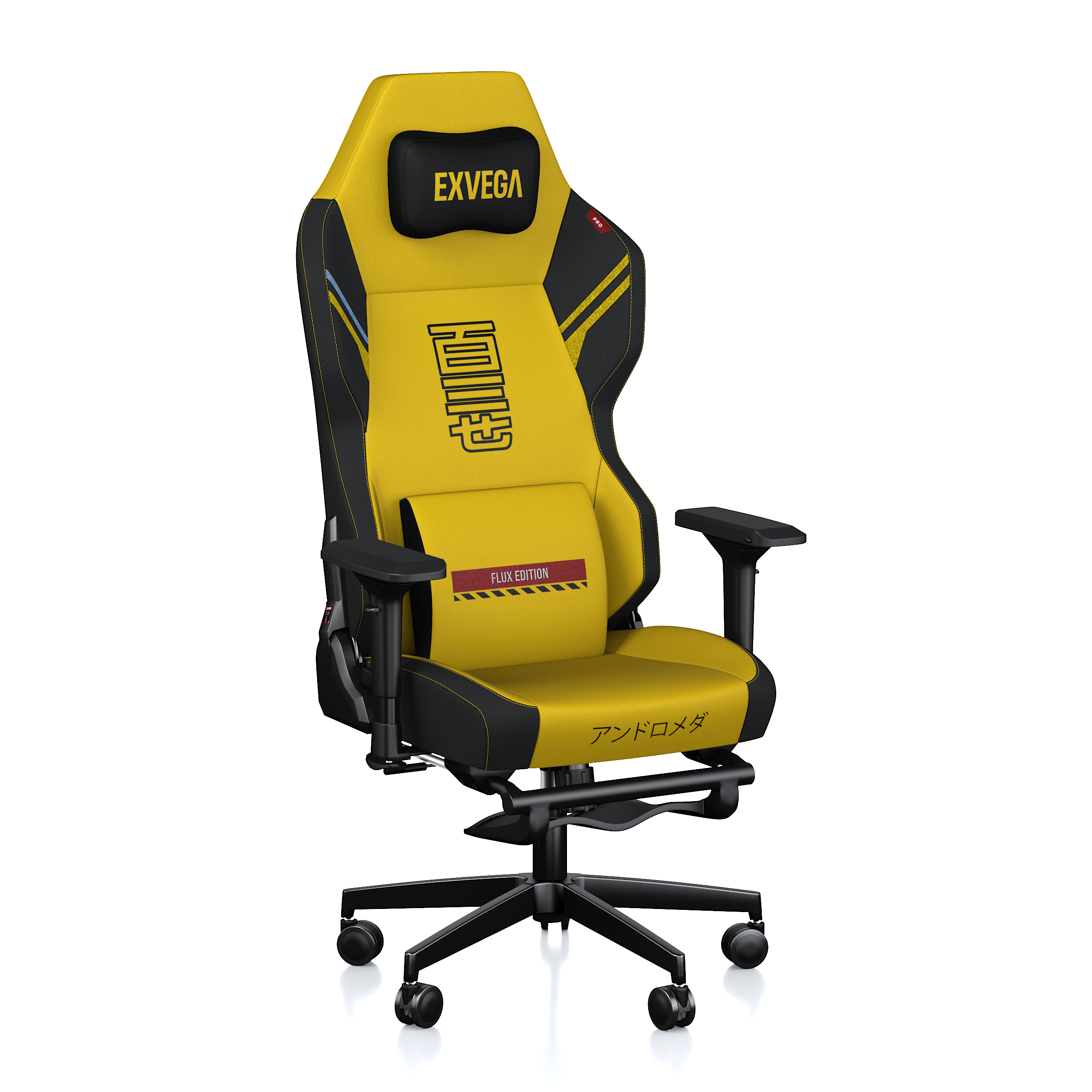 Siyah ve sarı renkli, siyah kolçaklı, baş yastıklı ve tekerlekli siyah yıldız ayaklı ergonomik oyuncu koltuğu.