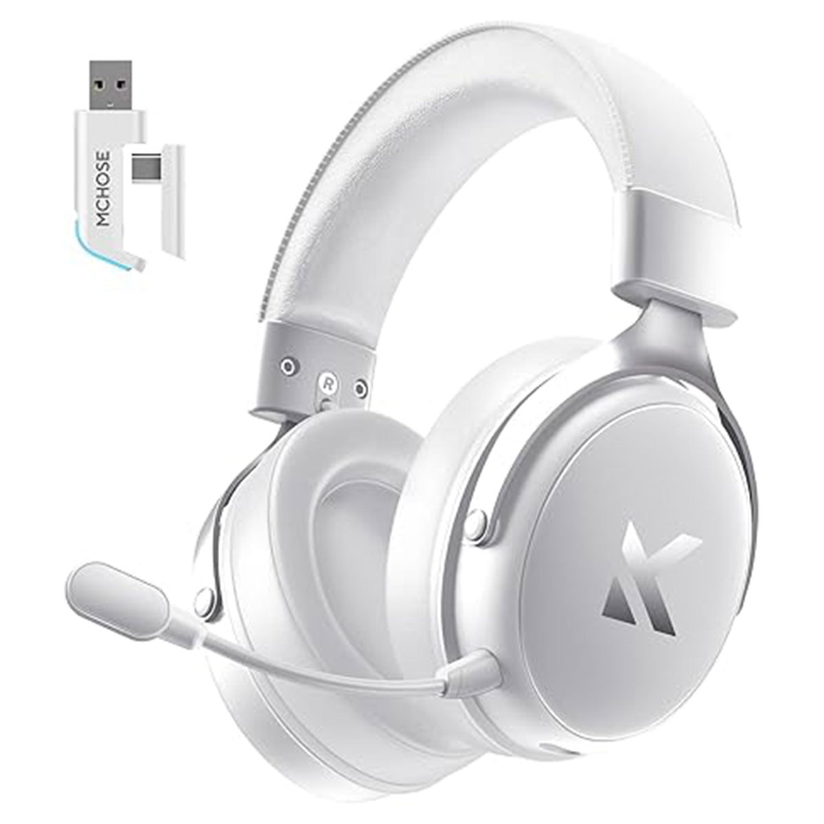 Beyaz arka planda mikrofonlu ve USB alıcılı beyaz kablosuz oyuncu kulaklığı.
