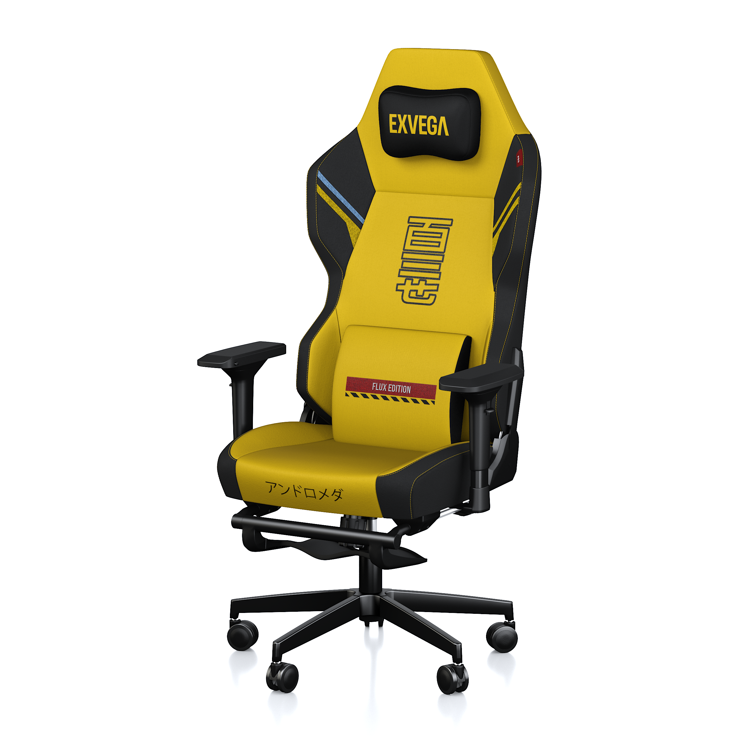 Ayarlanabilir kolçaklı, tekerlekli ve kafalıklı siyah ve sarı renkli ergonomik oyuncu koltuğu.