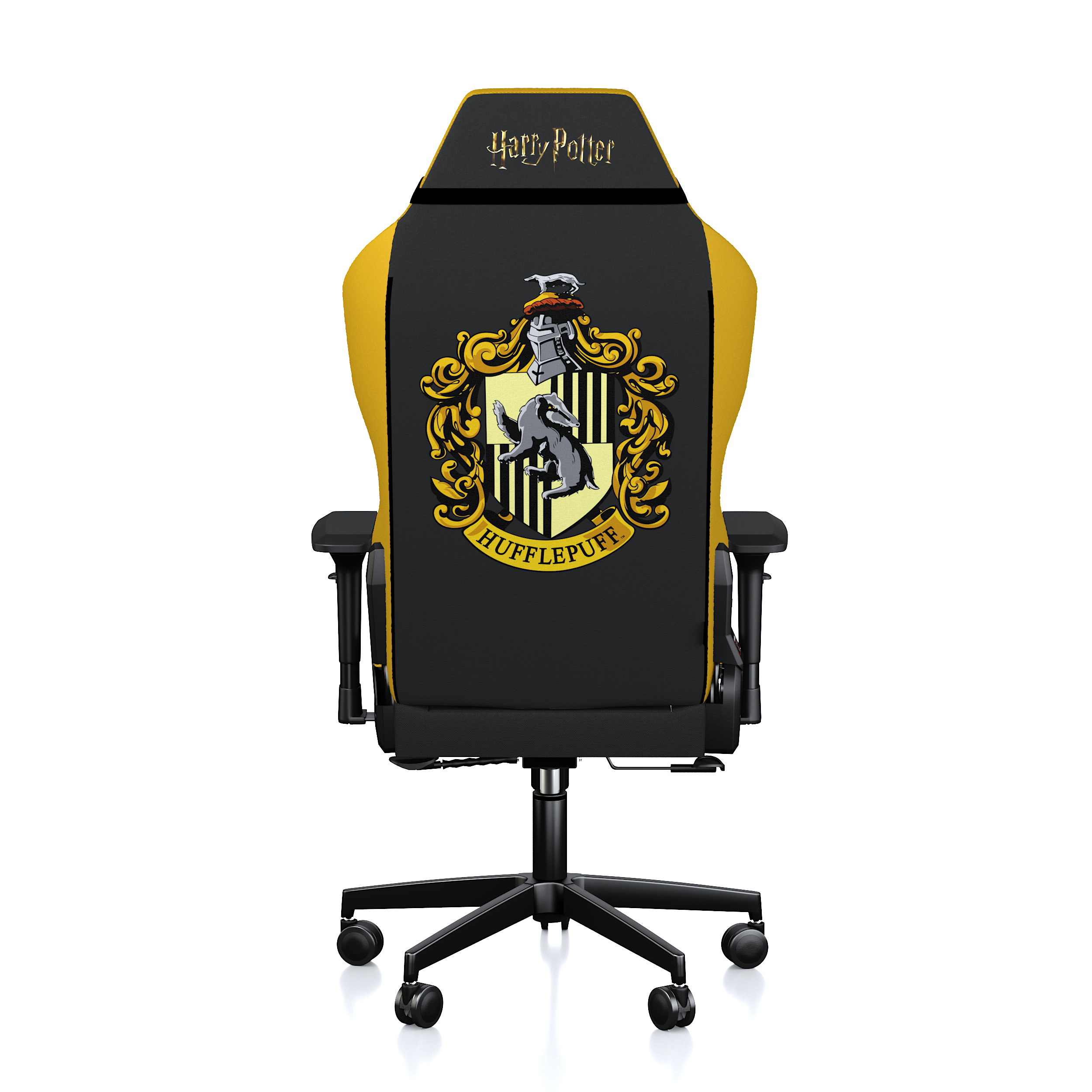 Arkadan görülen siyah ve sarı Harry Potter Hufflepuff oyuncu koltuğu.