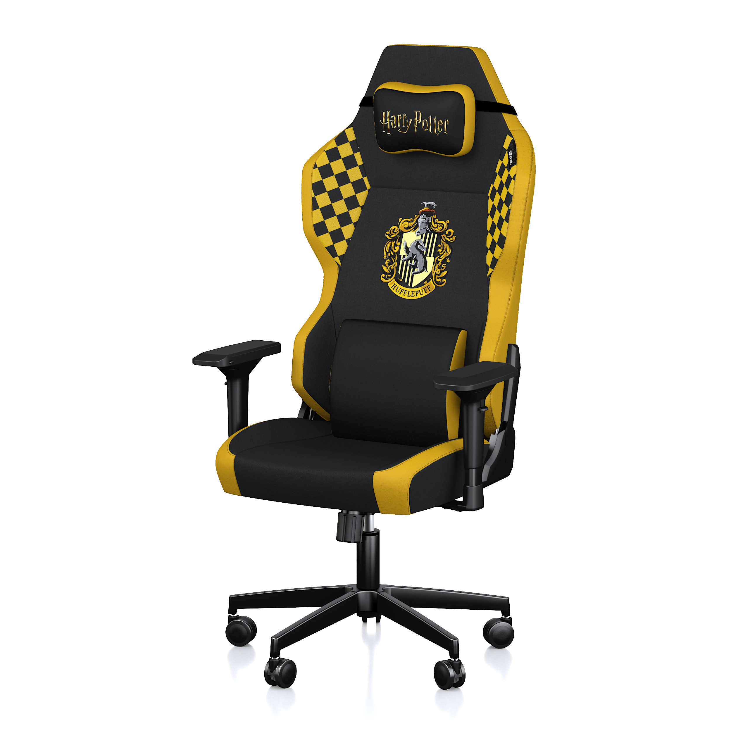 Sırtında arma olan siyah ve sarı Harry Potter Hufflepuff oyuncu koltuğu.