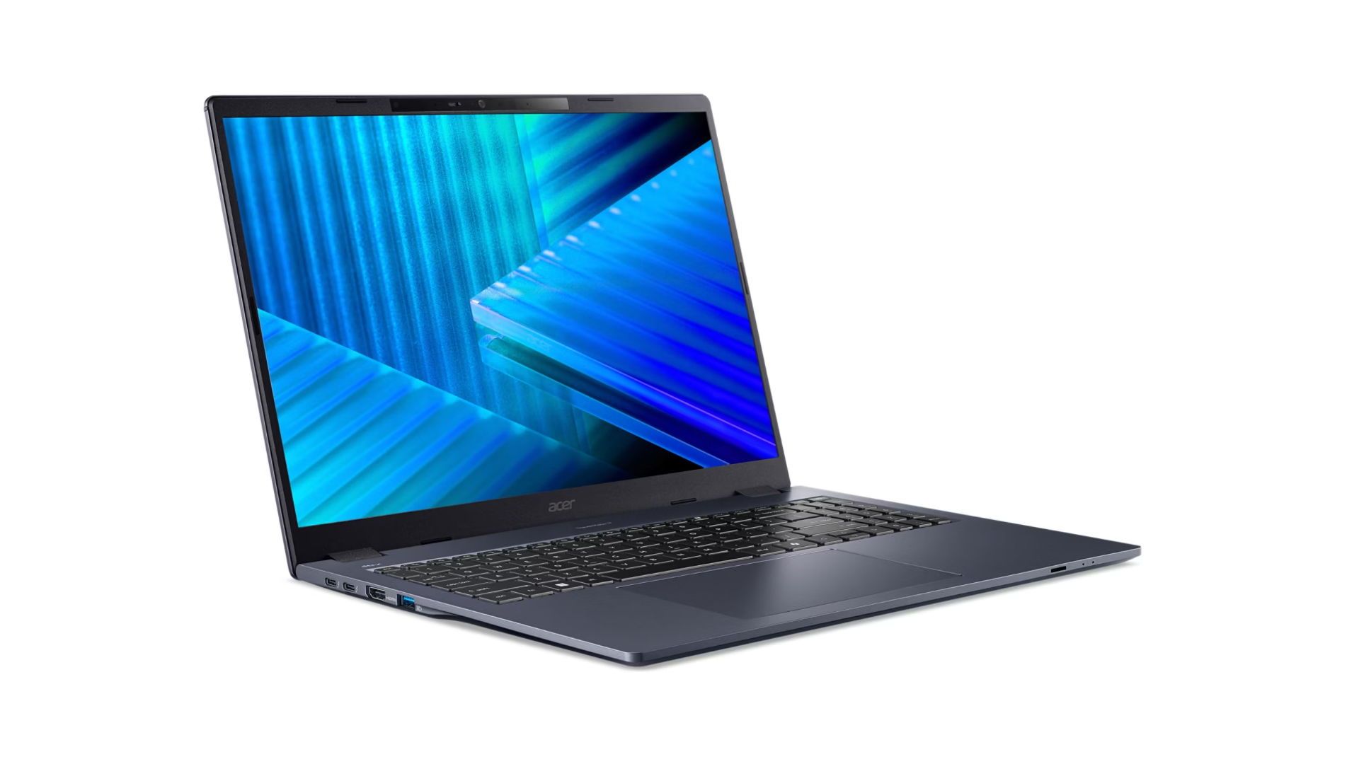 Un computer portatile grigio con uno sfondo astratto blu sullo schermo, su fondo bianco.