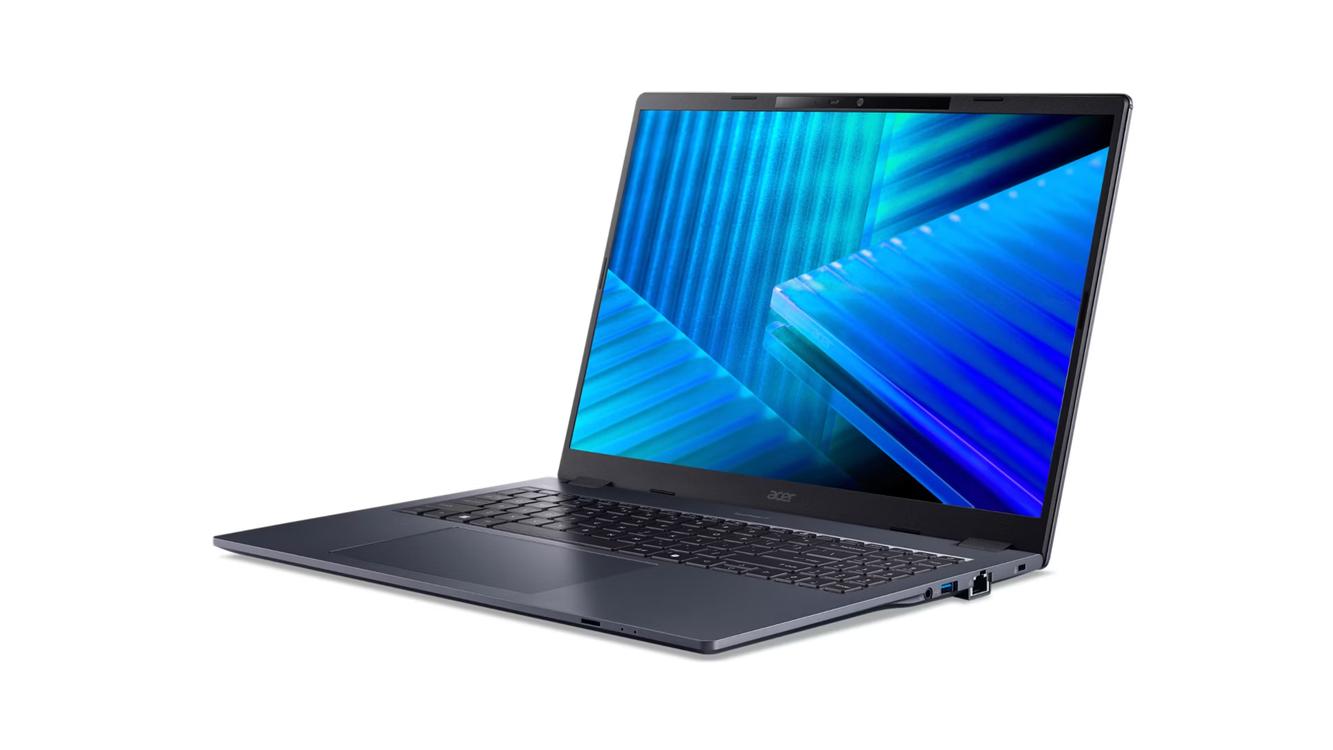 Un computer portatile grigio aperto su sfondo bianco, con uno sfondo astratto blu sullo schermo.