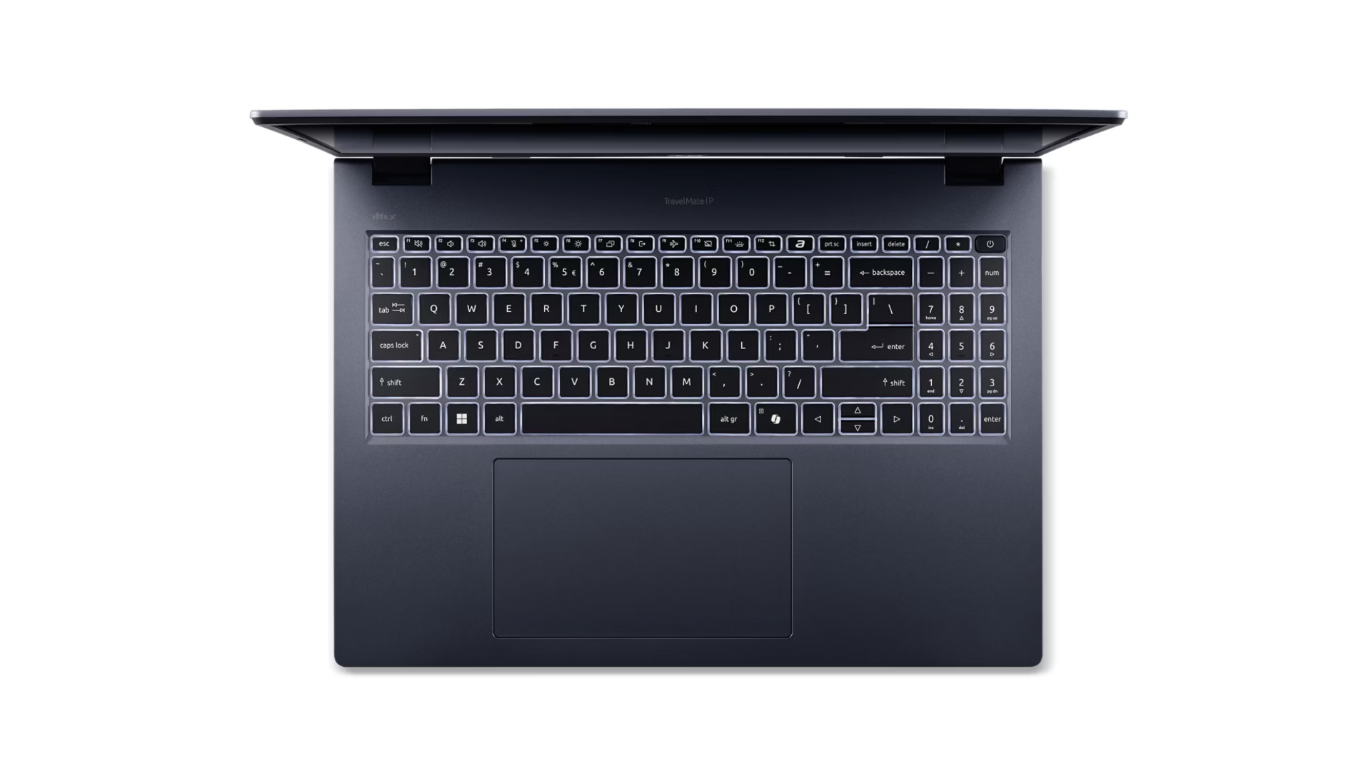 Vista dall'alto di un laptop scuro con tastiera retroilluminata e touchpad su sfondo bianco.