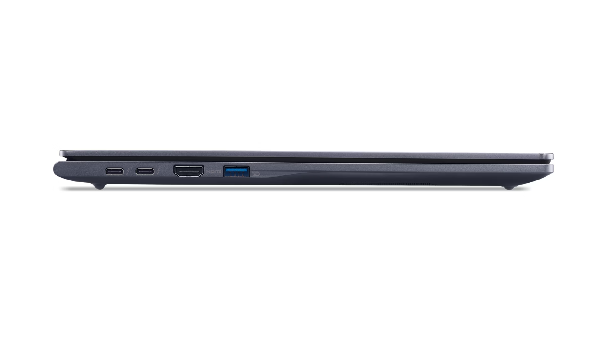 Vista laterale di un laptop grigio chiuso con due porte USB-C, una porta HDMI e una porta USB-A blu.