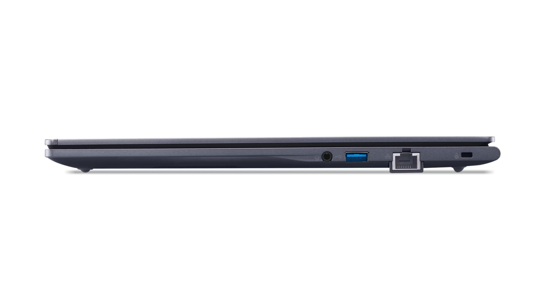 Lato sinistro di un laptop grigio chiuso con jack audio, porta USB, porta Ethernet e slot di sicurezza.