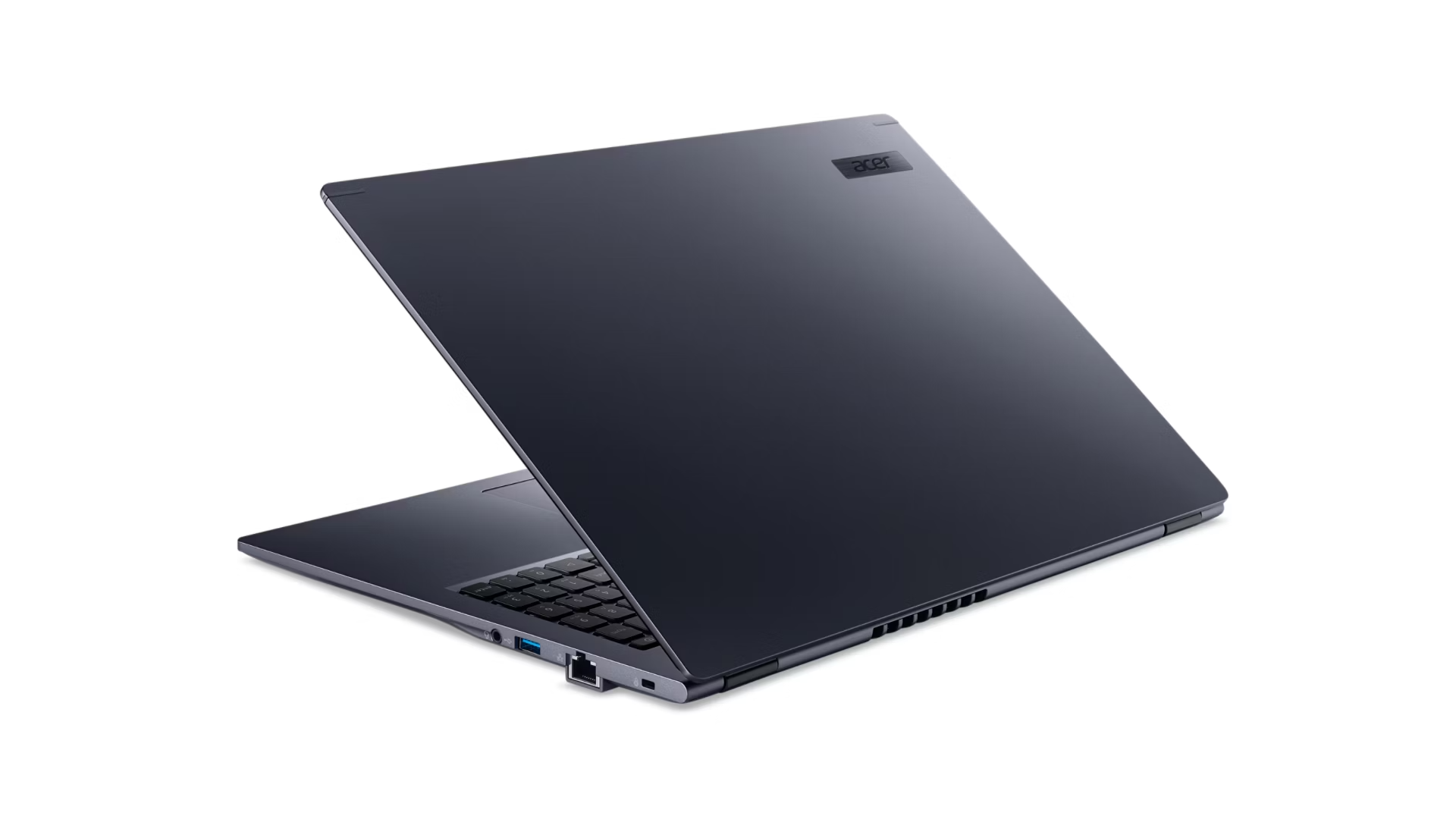 Un laptop Acer grigio scuro è aperto su una superficie bianca, mostrando le porte laterali.