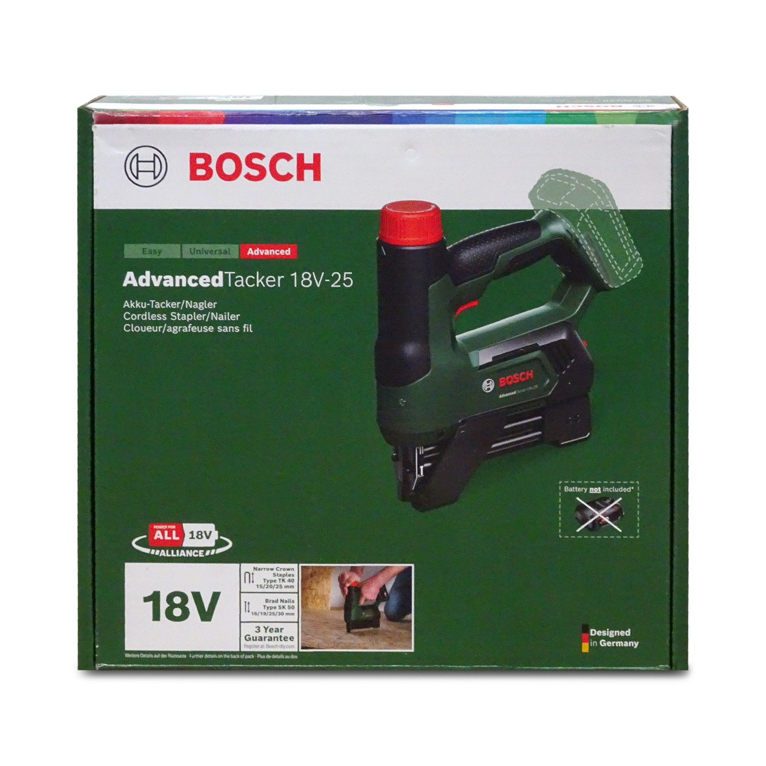 Verpackung des Bosch Akku-Tackers/Naglers AdvancedTacker 18V-25 mit Produktbild.
