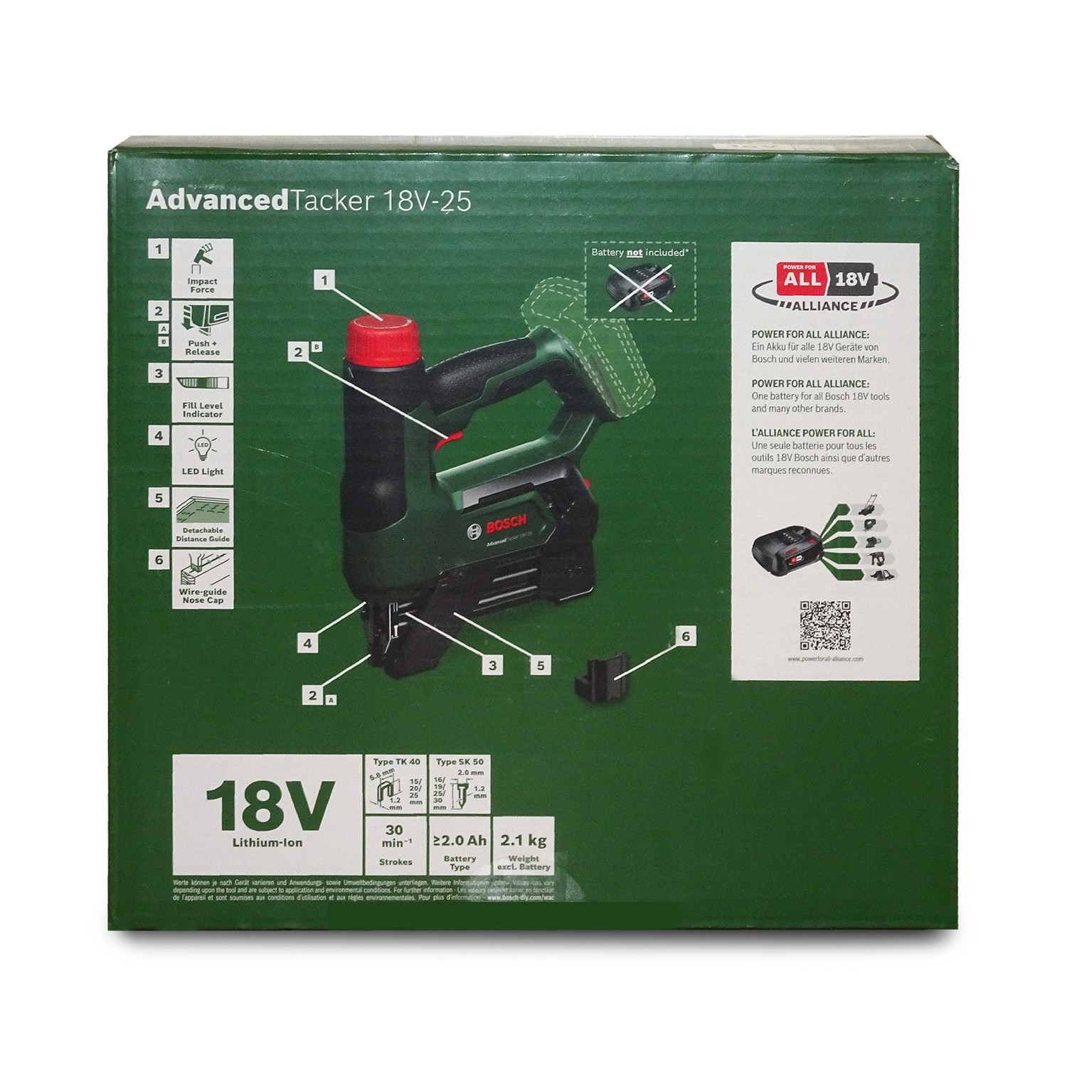 Grüne Bosch AdvancedTacker 18V-25 Verpackung mit Produktbild und Erklärungen.