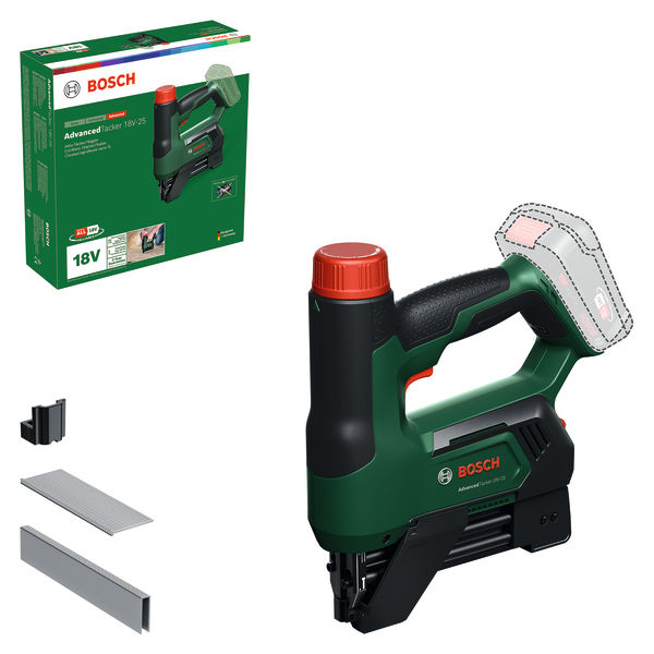 Grüner Bosch Akku-Tacker 18V-25 mit Verpackung, Akku-Umriss und Befestigungselementen auf weißem Hintergrund.