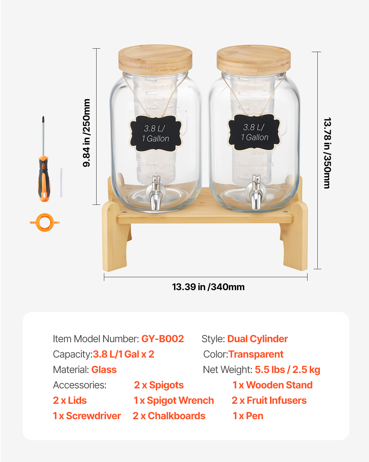 Dos dispensadores de bebidas de vidrio con soportes de madera, tapas y dimensiones.