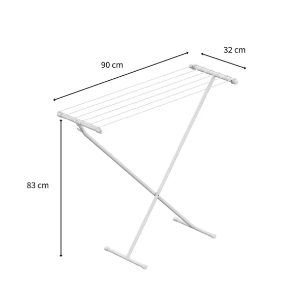 Schéma d'un étendoir blanc avec dimensions: 90 cm de long, 32 cm de large et 83 cm de haut.