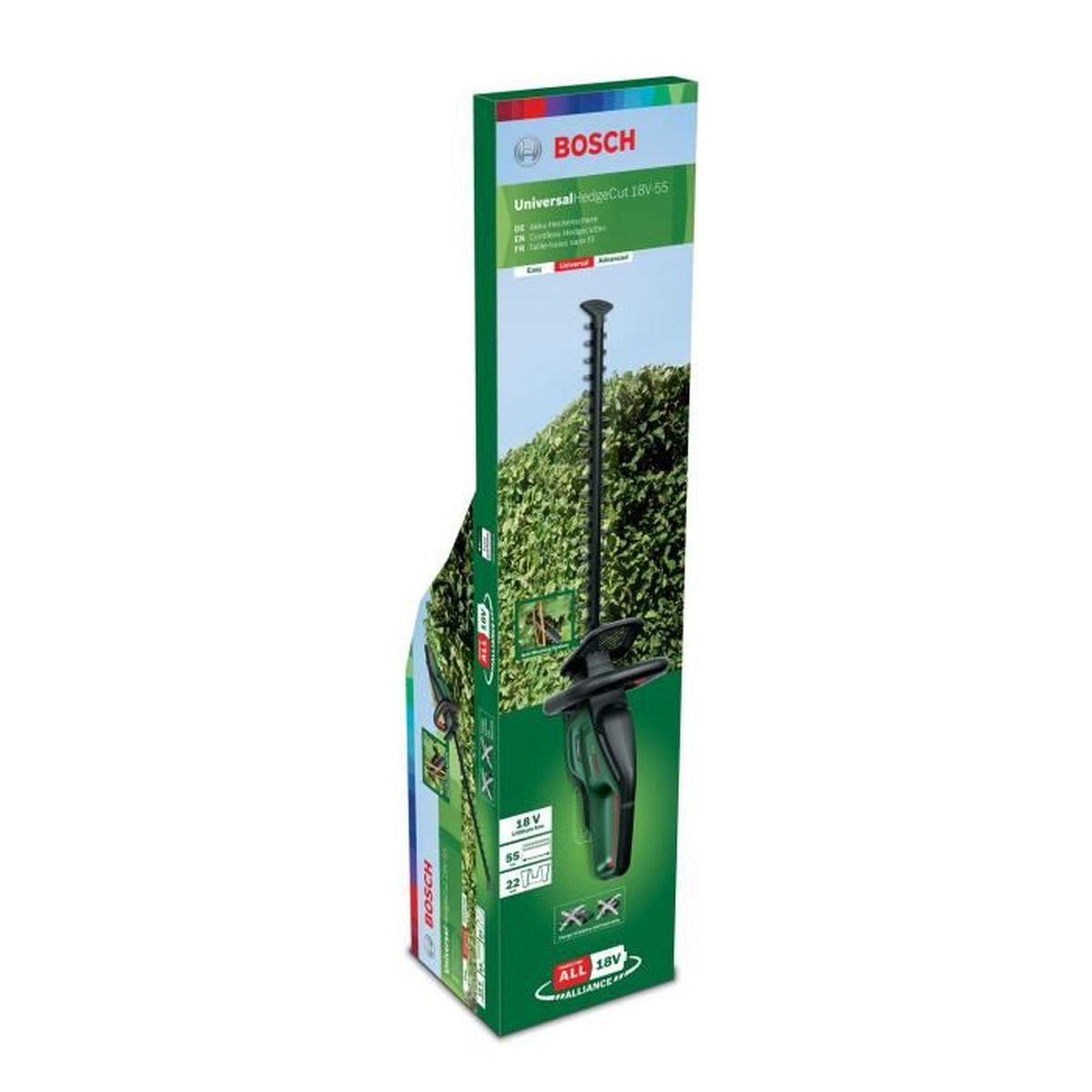 Grüne Bosch UniversalHedgeCut 18V-55 Heckenschere in der Originalverpackung.
