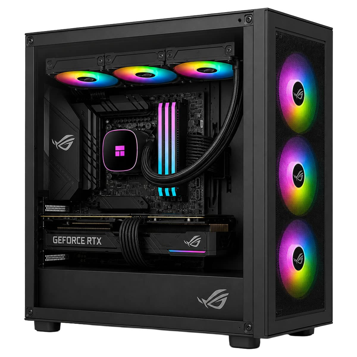 RGB fanlı, GeForce RTX ekran kartlı ve ışıklı RAM'e sahip siyah bir oyun bilgisayarı.