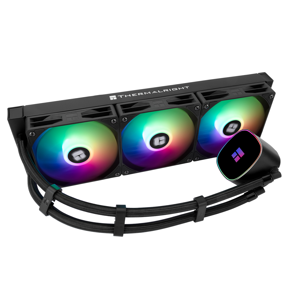 Üç RGB fanlı ve pompa bloklu siyah Thermalright sıvı CPU soğutucusu.
