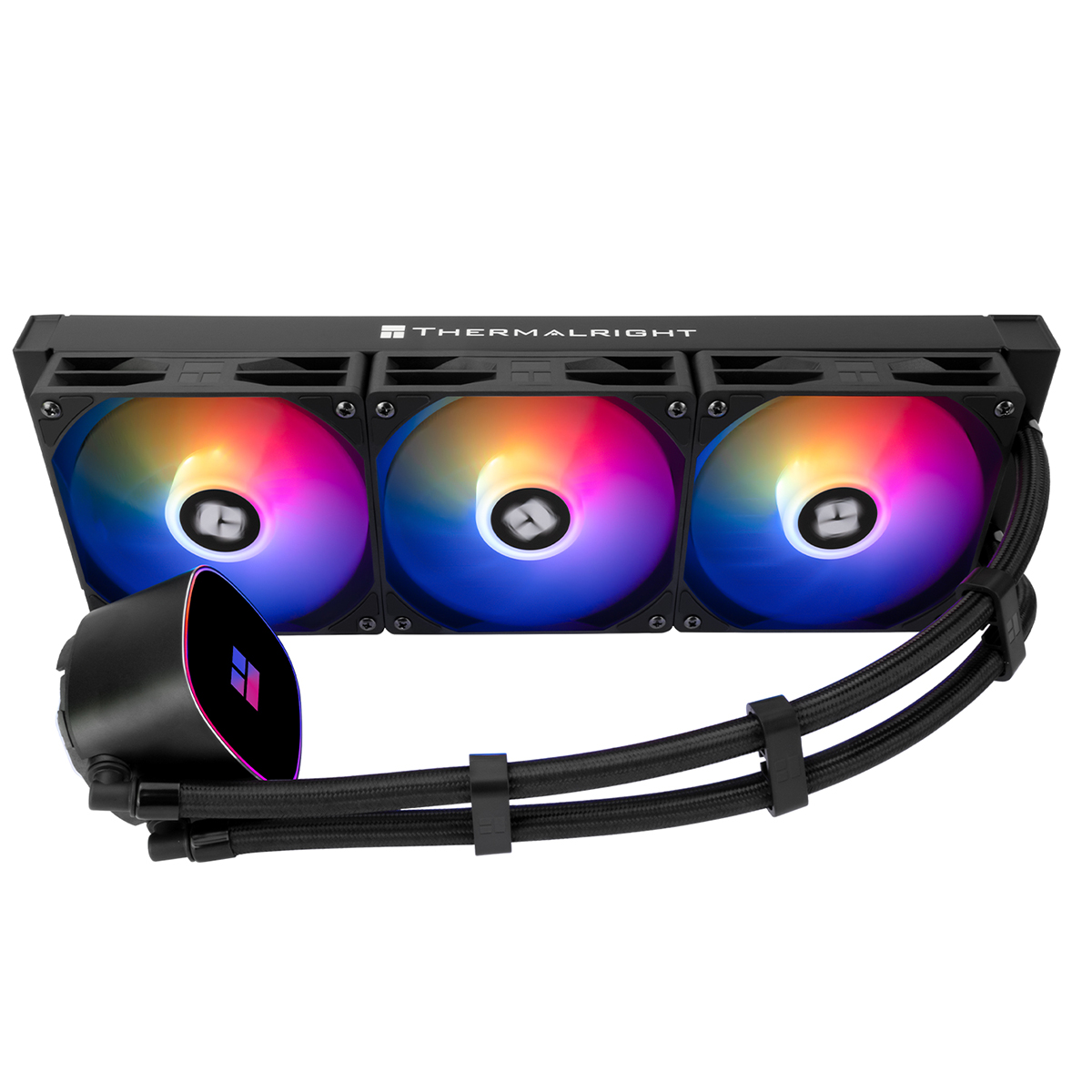 Üç RGB fanlı ve radyatörlü siyah Thermalright sıvı işlemci soğutucusu.
