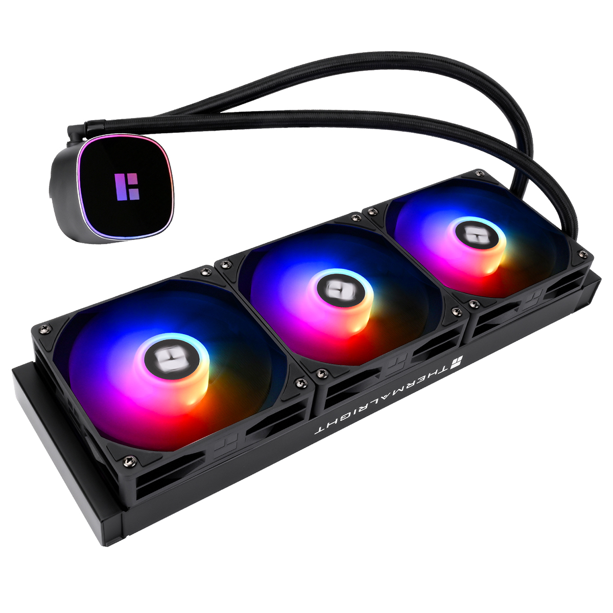 Üç RGB fanlı, aydınlatmalı pompa bloklu ve iki bağlı borulu siyah CPU sıvı soğutma sistemi.