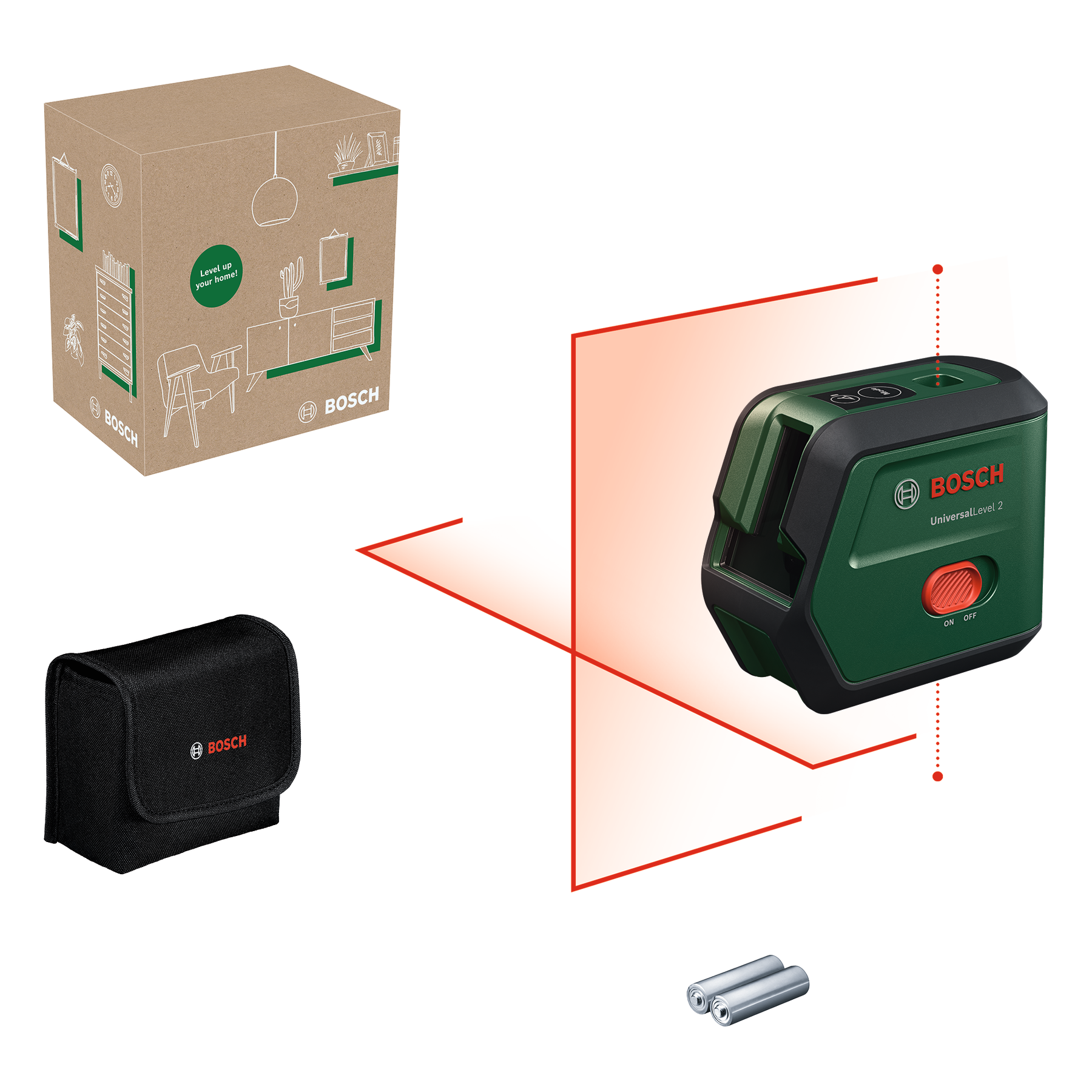 Grüner Bosch Kreuzlinienlaser mit Schutztasche, Batterien und Verpackungskarton.