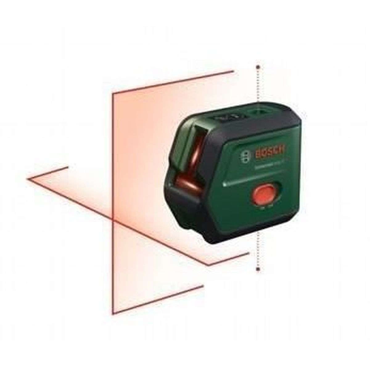 Grüner Bosch Kreuzlinienlaser projiziert rote Linien auf einen weißen Hintergrund.