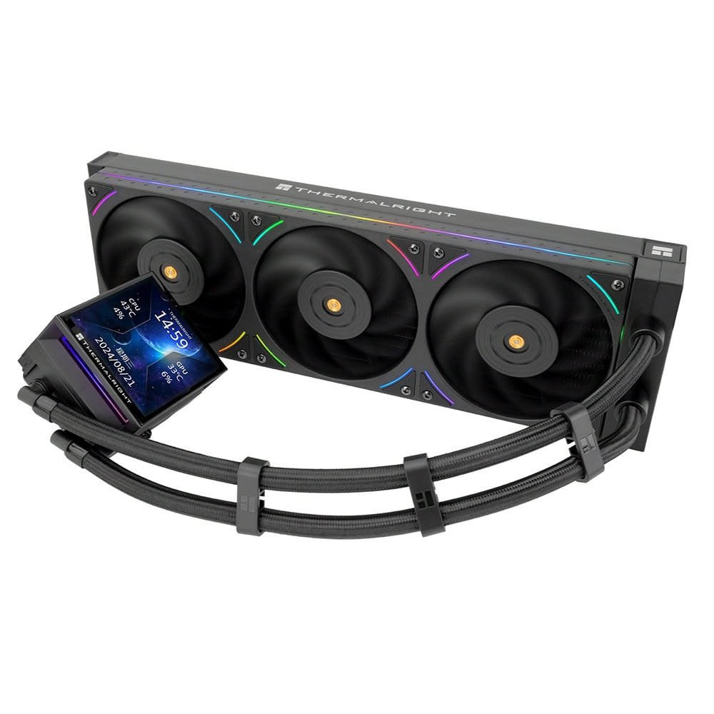 Üç fanlı, örgülü borulu ve sistem bilgilerini gösteren LCD ekranlı siyah Thermalright sıvı CPU soğutucusu.
