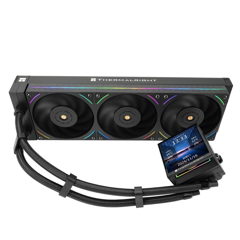 Siyah radyatörlü, üç aydınlatmalı fanlı ve ekranlı Thermalright sıvı CPU soğutucusu.