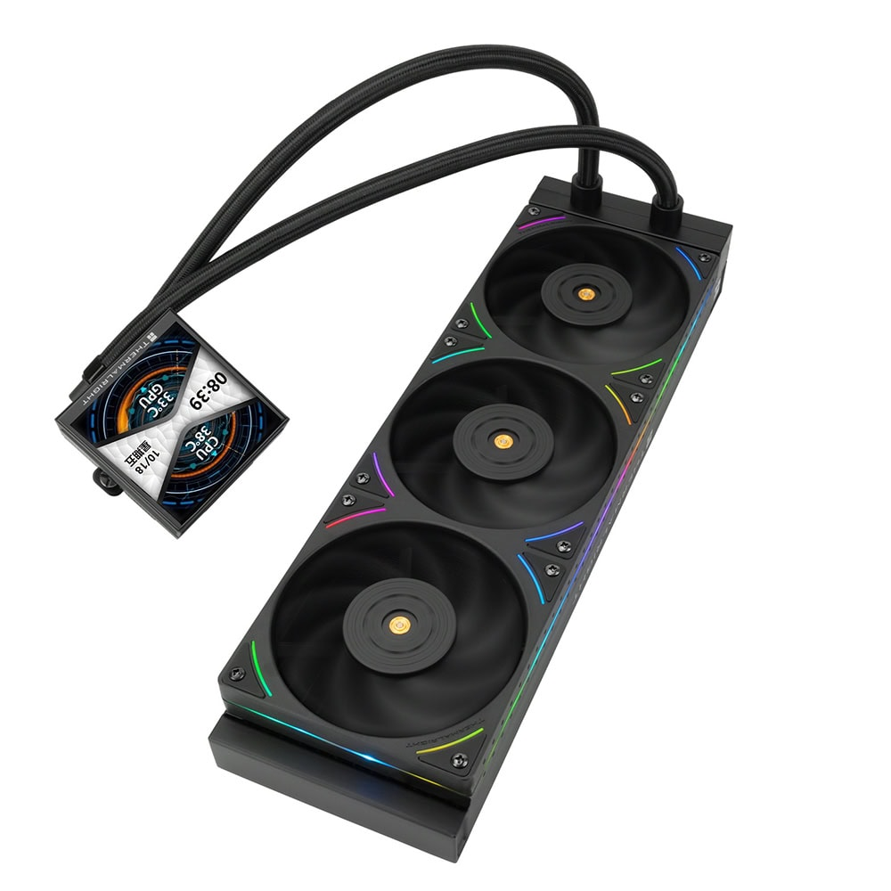 Üç fanlı, RGB detaylı ve ekranlı siyah AIO sıvı soğutucu.
