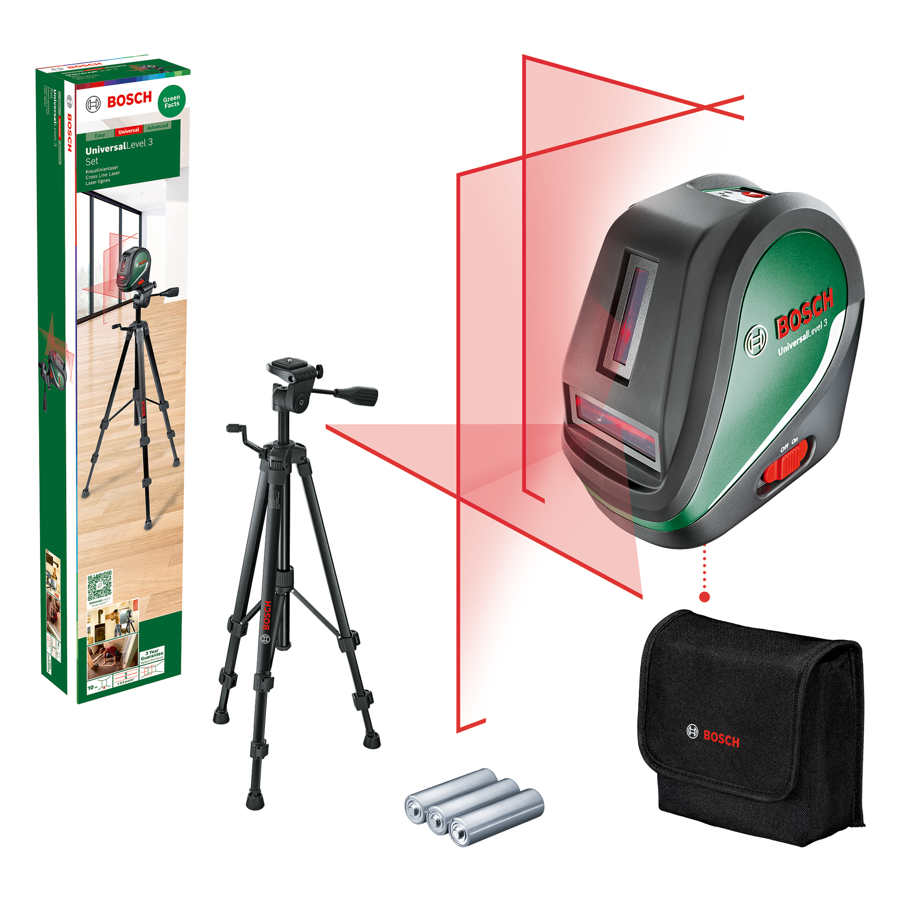 Bosch UniversalLevel 3 Set mit Laser, Stativ, Tasche und Batterien auf weißem Grund.