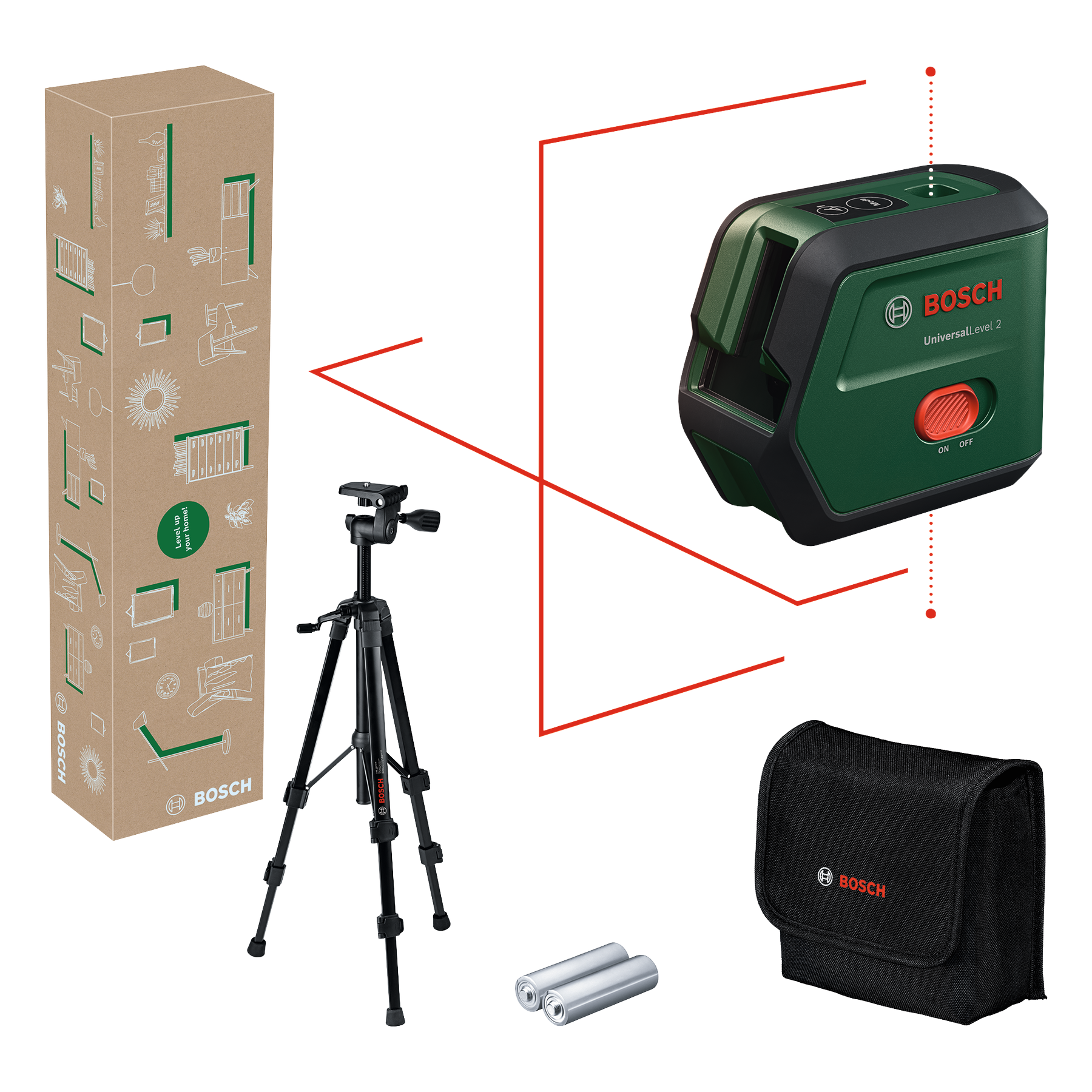 Ein grünes Bosch Laser-Nivelliergerät, Stativ, Karton, Batterien und eine Tasche auf schwarzem Grund.