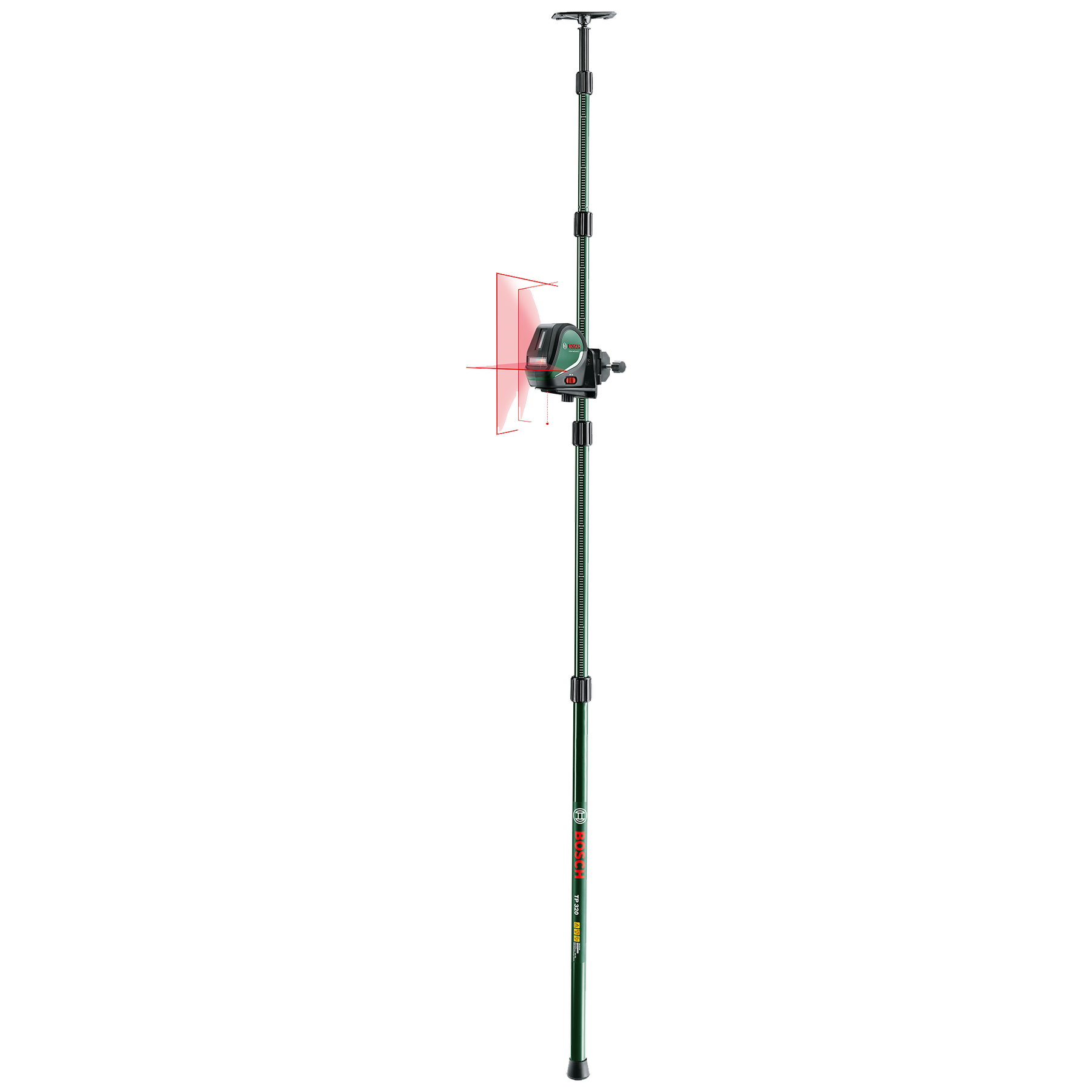Grüne Bosch TP 320 Teleskopstange mit montiertem Laser und roten Laserlinien auf schwarzem Hintergrund.