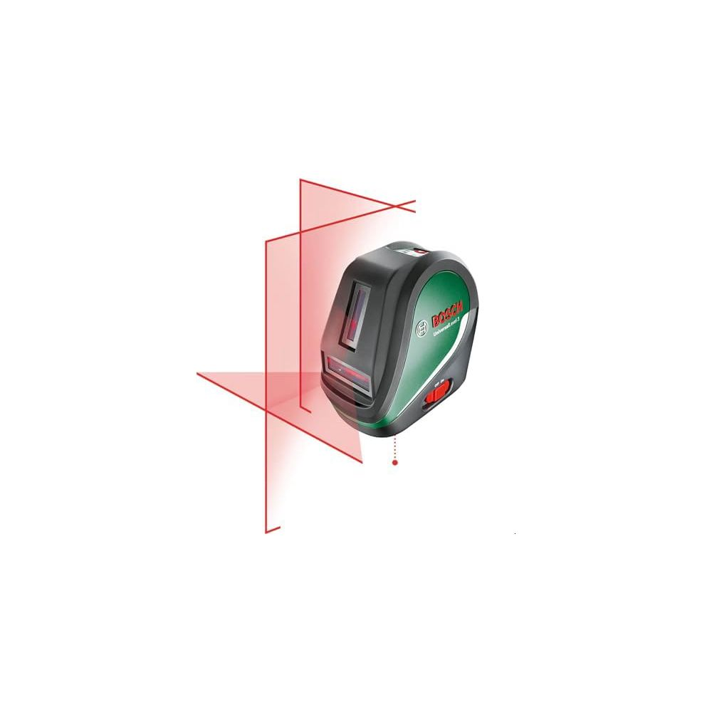 Ein grüner und schwarzer Bosch-Kreuzlinienlaser projiziert helle rote Laserklinien.