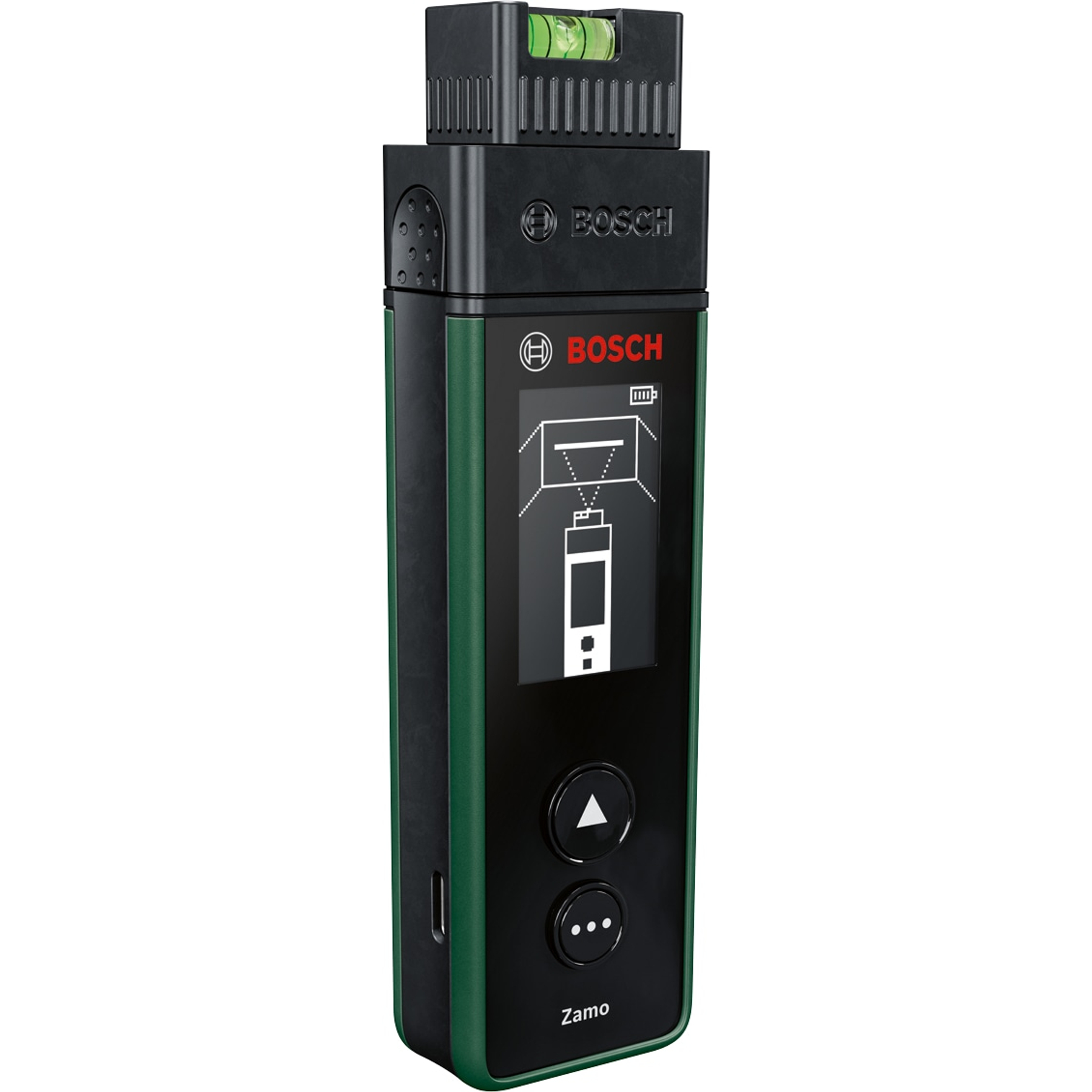 Bosch Zamo Laser-Entfernungsmesser mit grünem Gehäuse und Display.