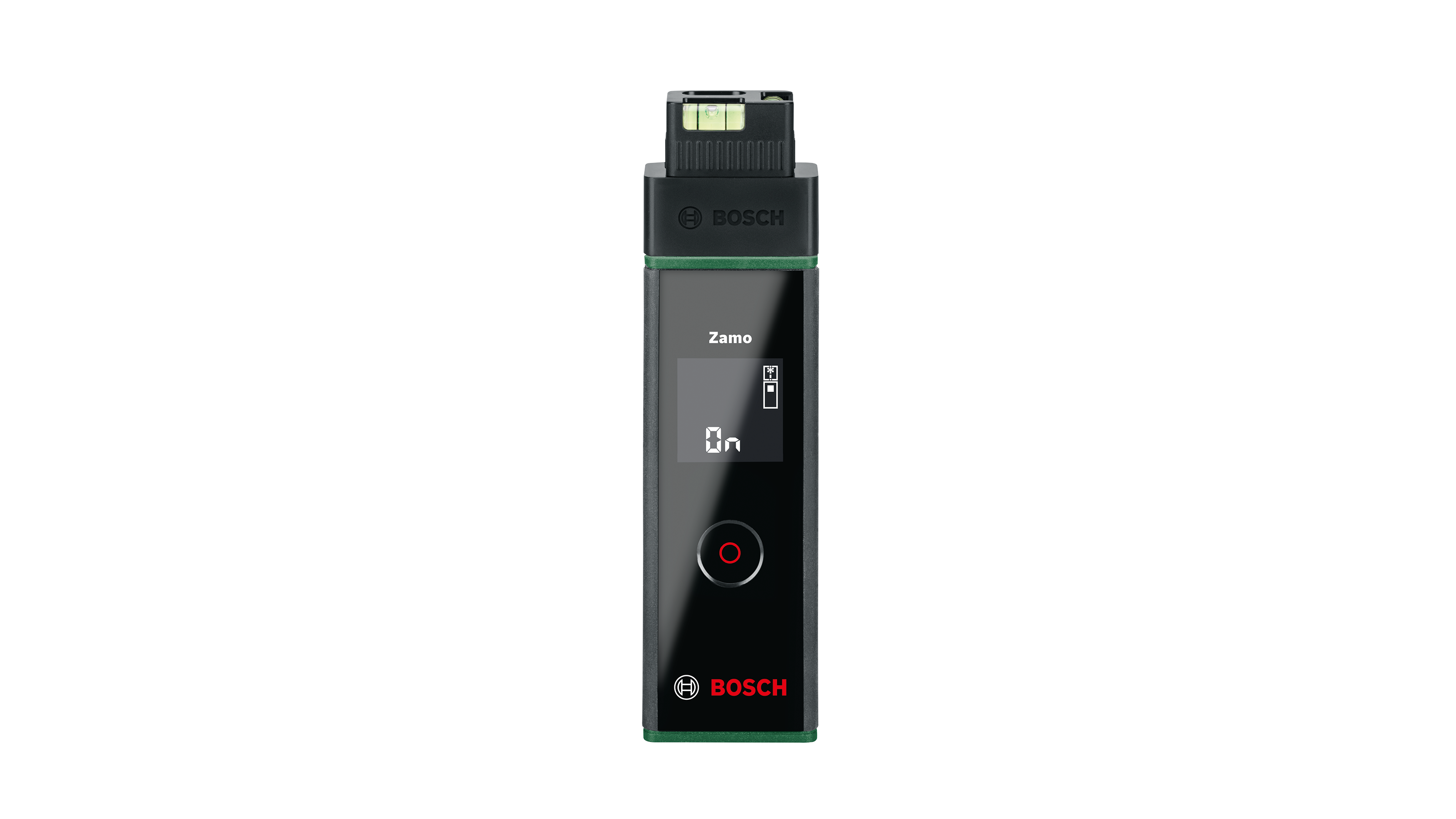 Ein schwarz-grüner Bosch Zamo Laser-Entfernungsmesser steht senkrecht vor schwarzem Hintergrund.