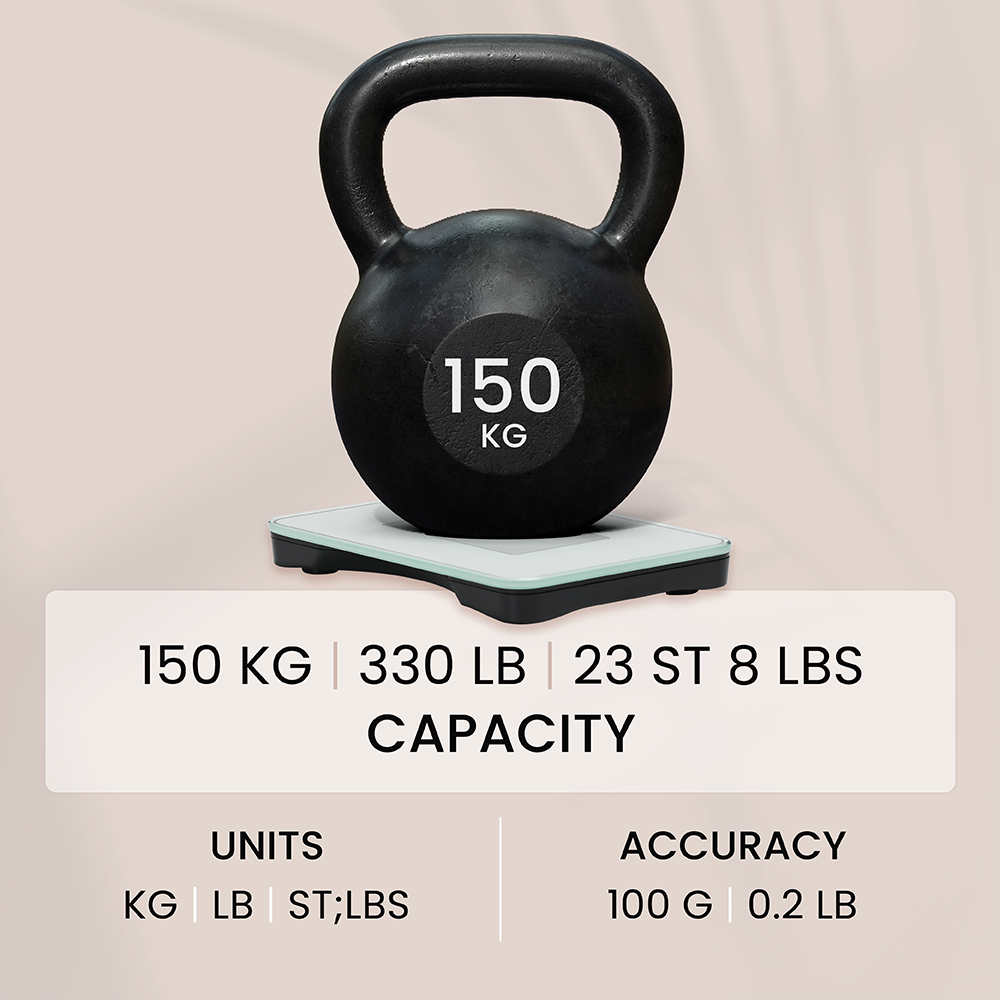 A black 150 kg kettlebell on a white scale, showing capacity, units, and accuracy details.