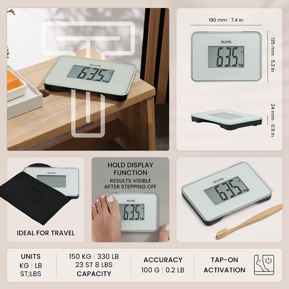 Kompakte Tanita-Personenwaage mit Maßen, Funktionen wie Hold-Display, und technischen Daten wie Kapazität und Genauigkeit.