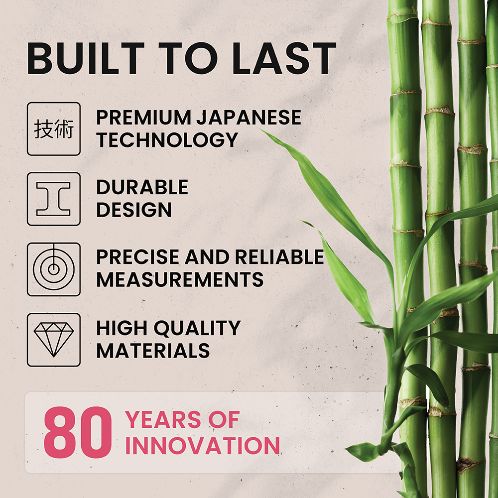 Green bamboo on beige background with promotional text and icons for technology and quality.