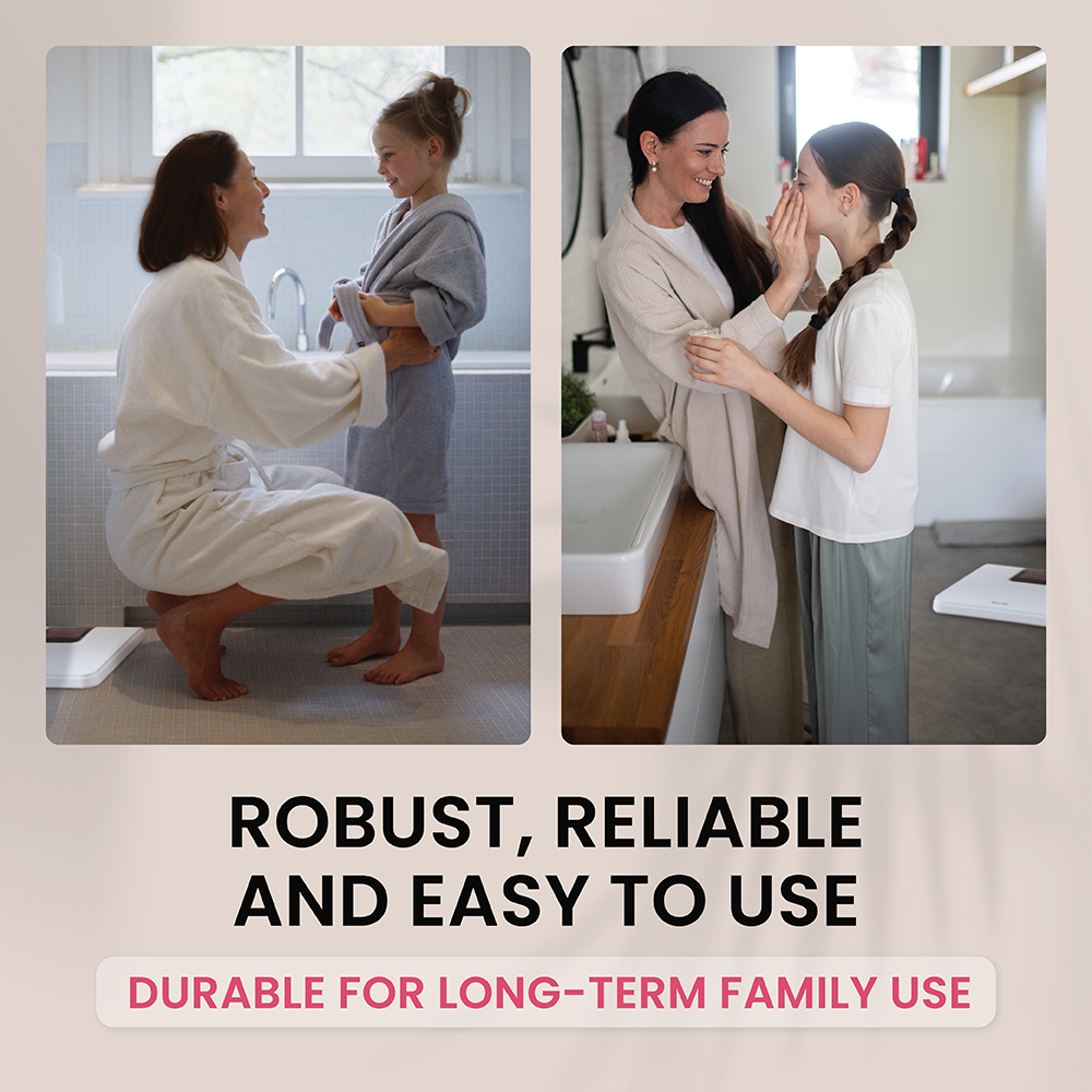 A mother and daughter in a bathroom, with text overlay.