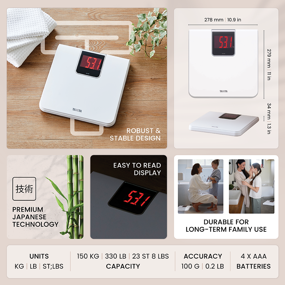 Product overview of a digital bathroom scale with dimensions, display, design, and technical details.