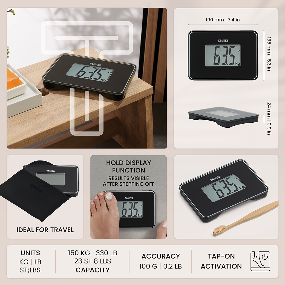 Compact black digital body scale shown in various settings with dimensions, features, and specs highlighted.