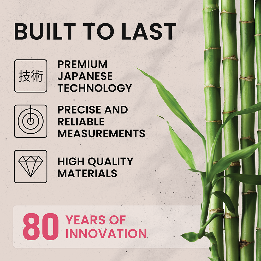Promotional graphic featuring bamboo stalks, text for Japanese technology, precision, quality, and 80 years of innovation.