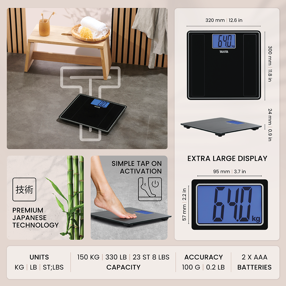 Product overview of a black digital scale with technical details, dimensions, and features like a large display.