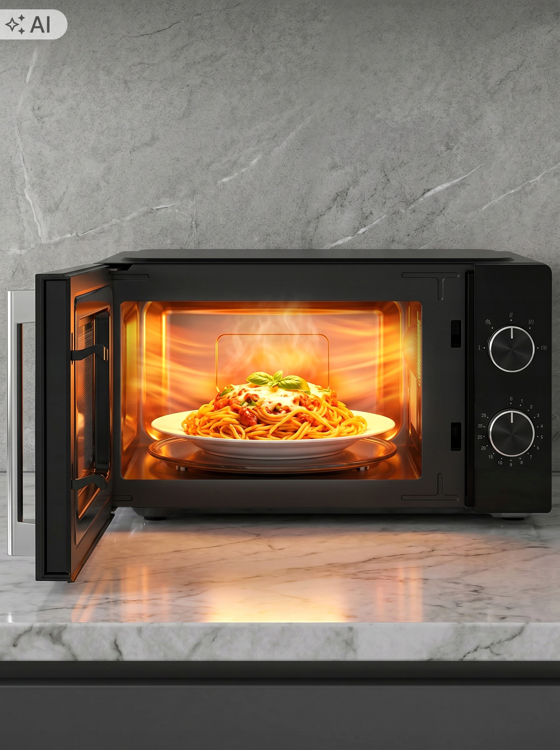 Otwarta, podświetlana kuchenka mikrofalowa na marmurowym blacie zawiera talerz parujących spaghetti.