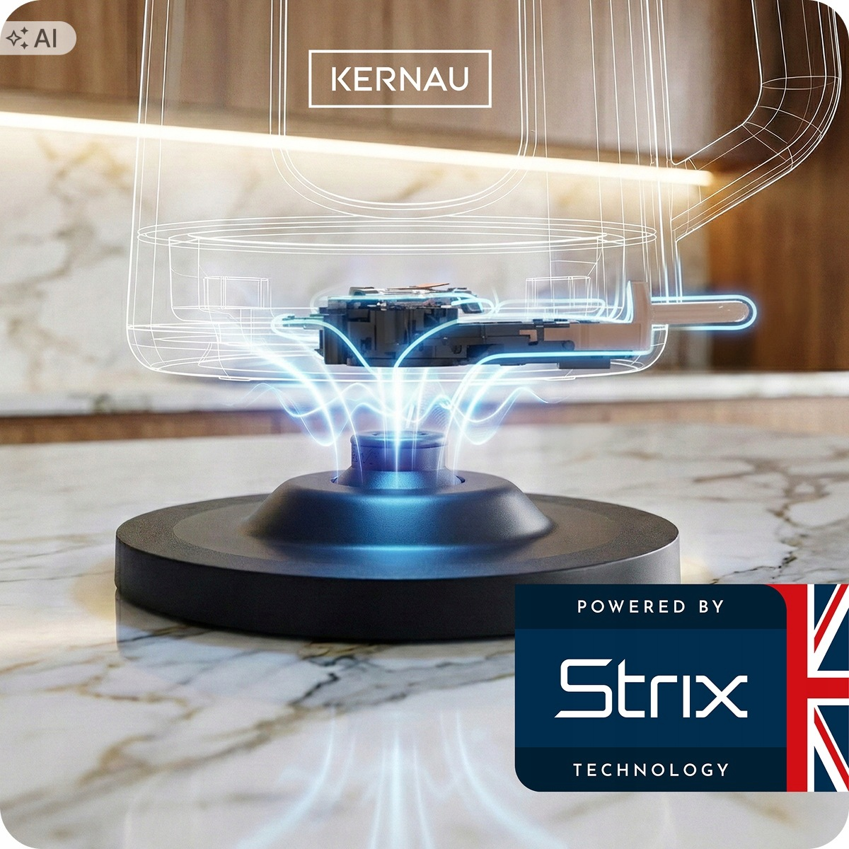 Schemat elementu grzejnego Strix w czajniku Kernau z niebieskimi liniami energii na marmurze.