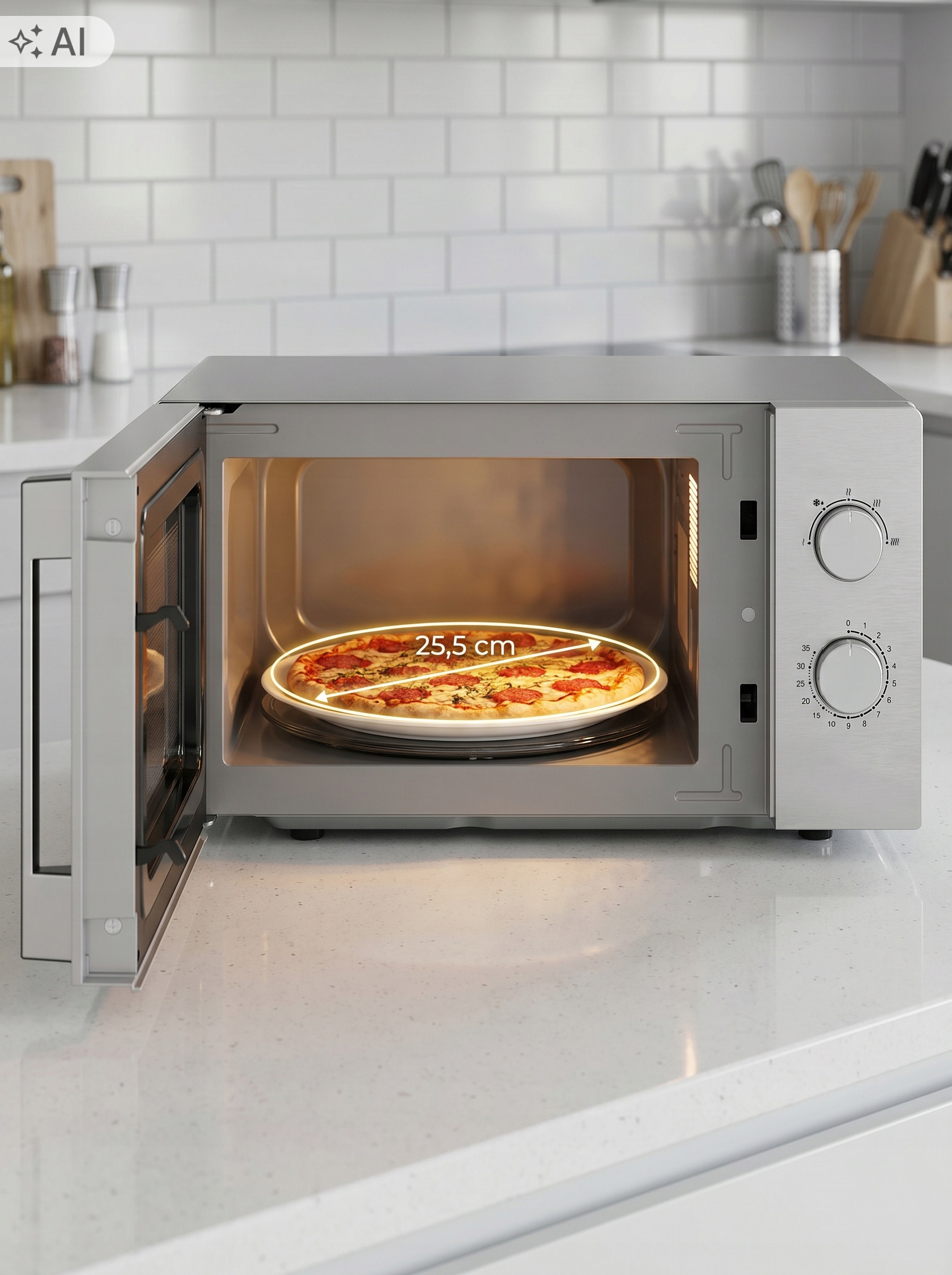 Srebrna kuchenka mikrofalowa na blacie kuchennym z otwartymi drzwiczkami, w środku pizza o średnicy 25,5 cm.