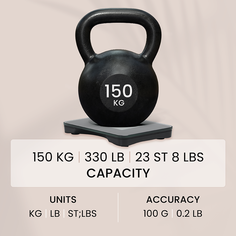 Black 150 kg kettlebell on a digital scale with capacity information text.