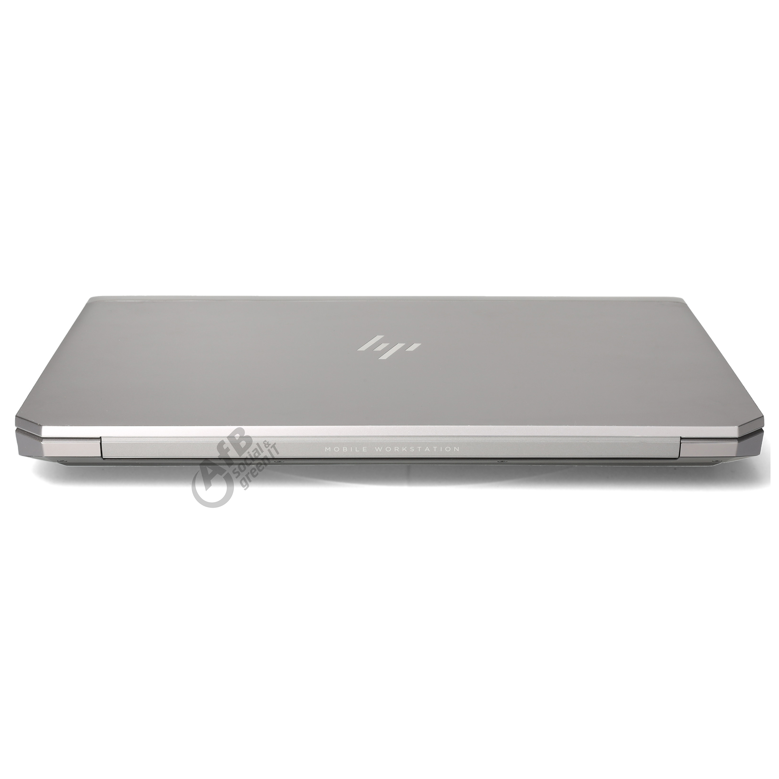 Geschlossener grauer Laptop mit HP-Logo auf der Oberseite, Vorderansicht auf weißem Hintergrund.